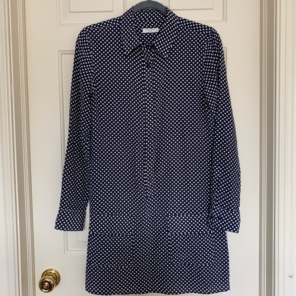 Equipment Navy Blue Polka Dot Long Sleeve Dress